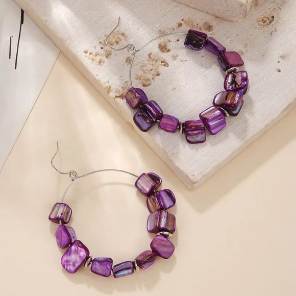 Bohemian Amethyst Purple Abalone Shell Beaded Dangle Hoop Earrings NEW - Picture 4 of 4